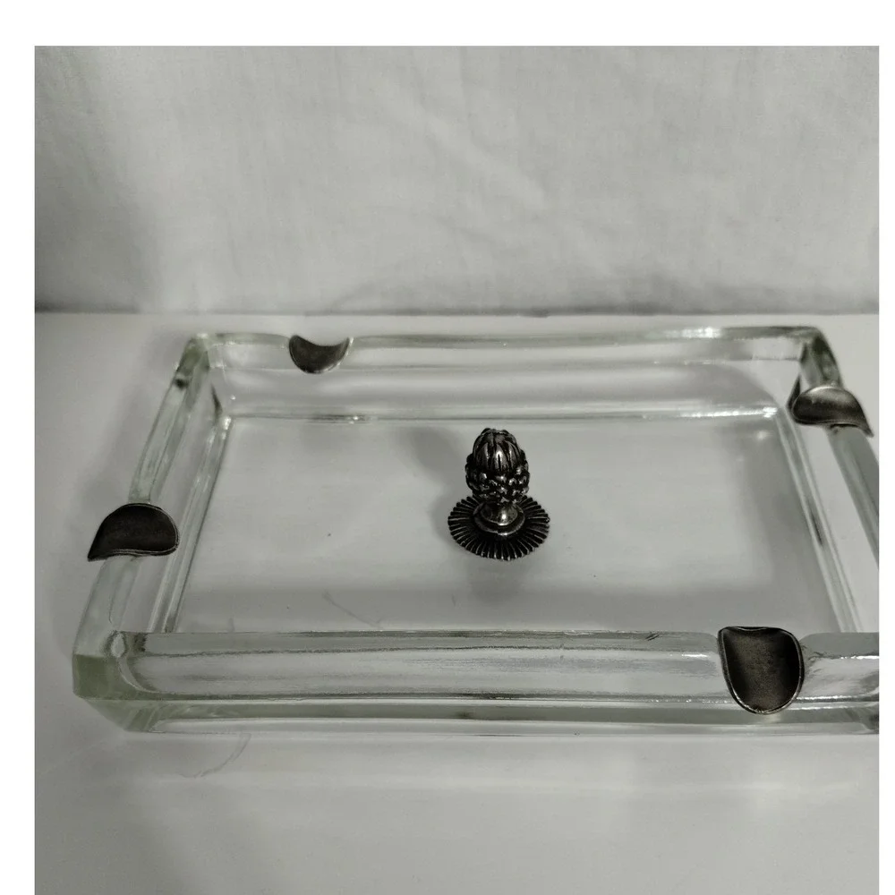 Vintage Glass Ashtray w Metal Cigarette Rests &‎ Acorn Finial Mid Century